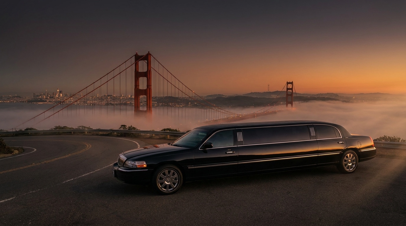 Black limousine at the Golden Gate Bridge at golden hour
